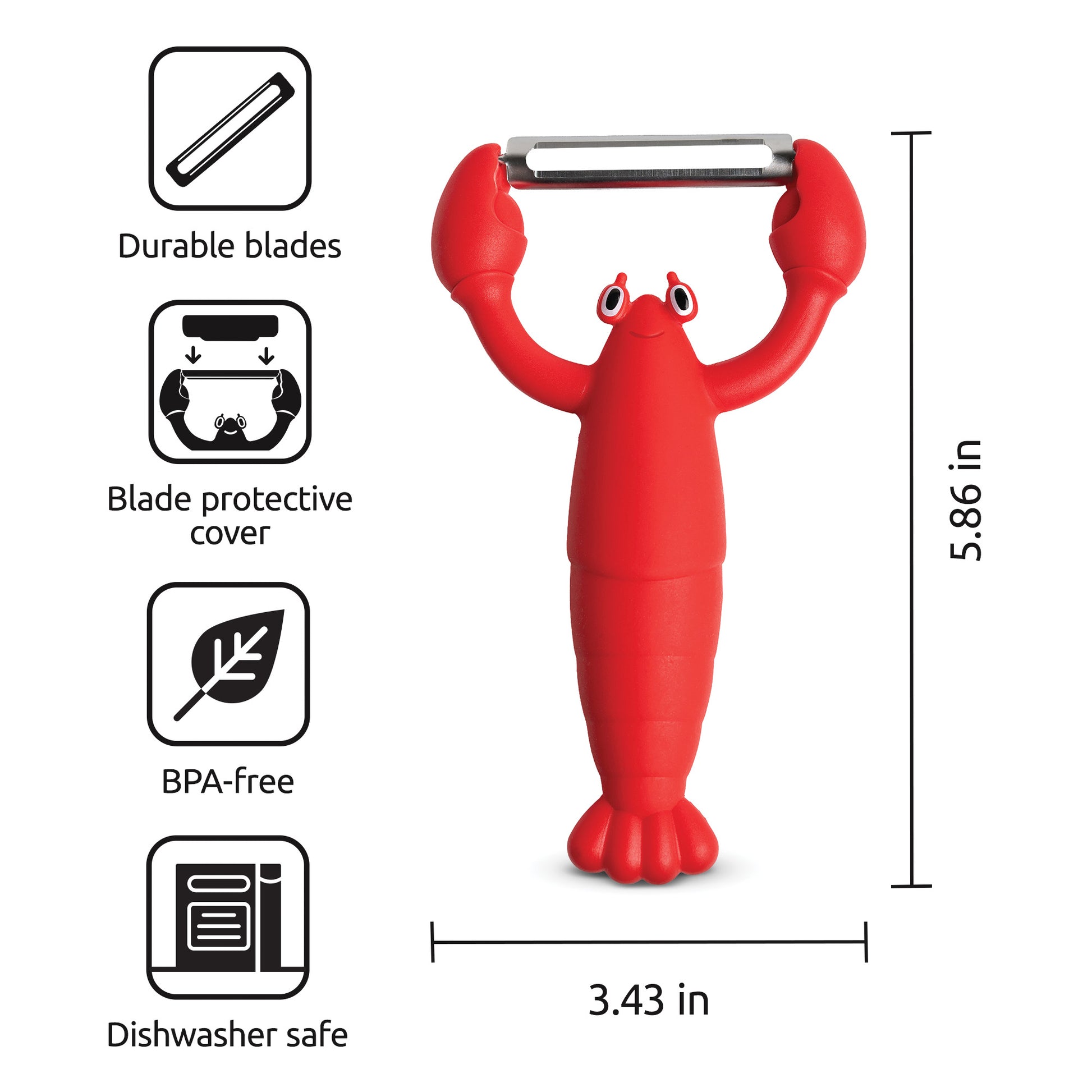 Clawy red lobster-shaped peeler with stainless blade, BPA-free and dishwasher safe.