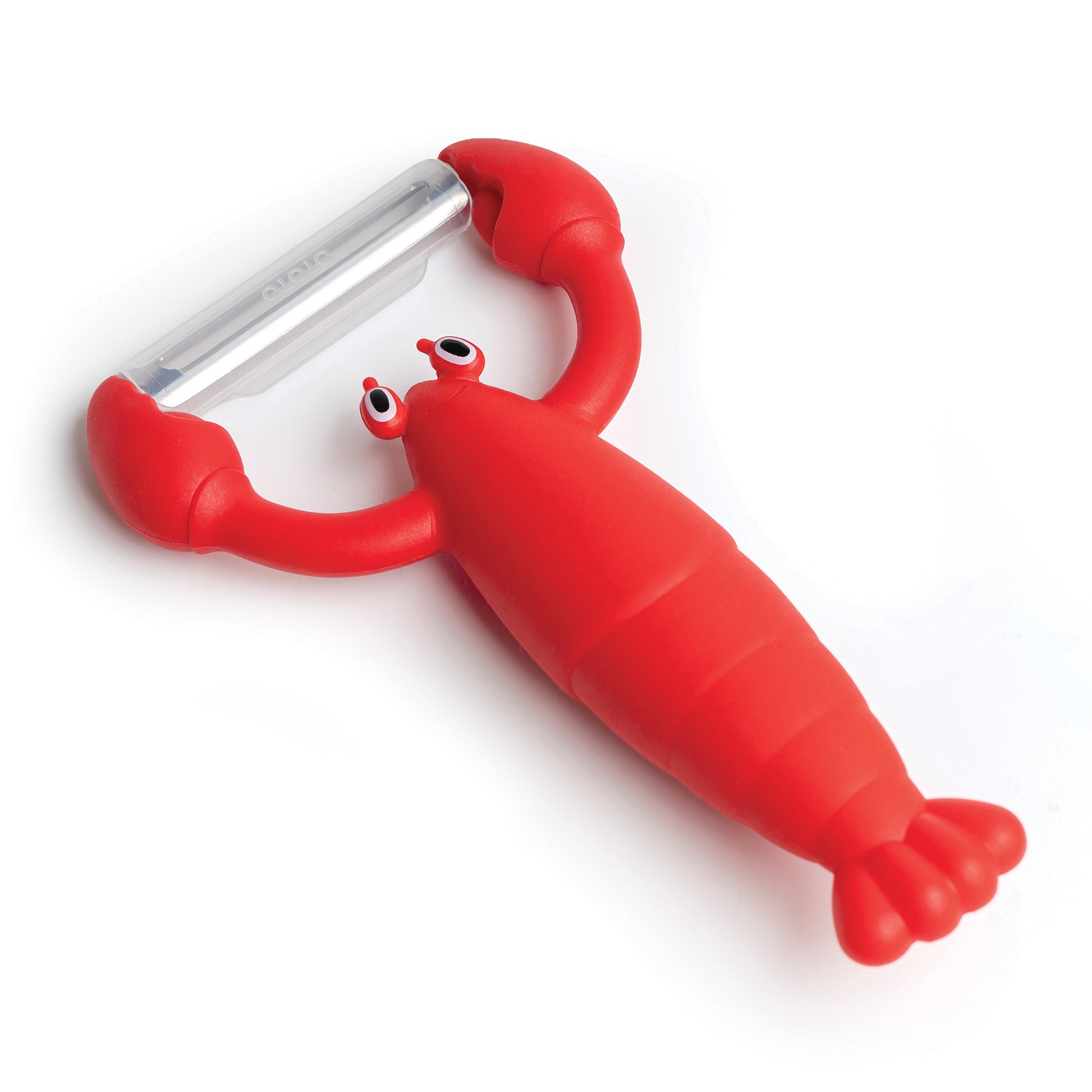 Clawy is a quirky OTOTO peeler shaped like a red cartoon lobster with big eyes and claws.