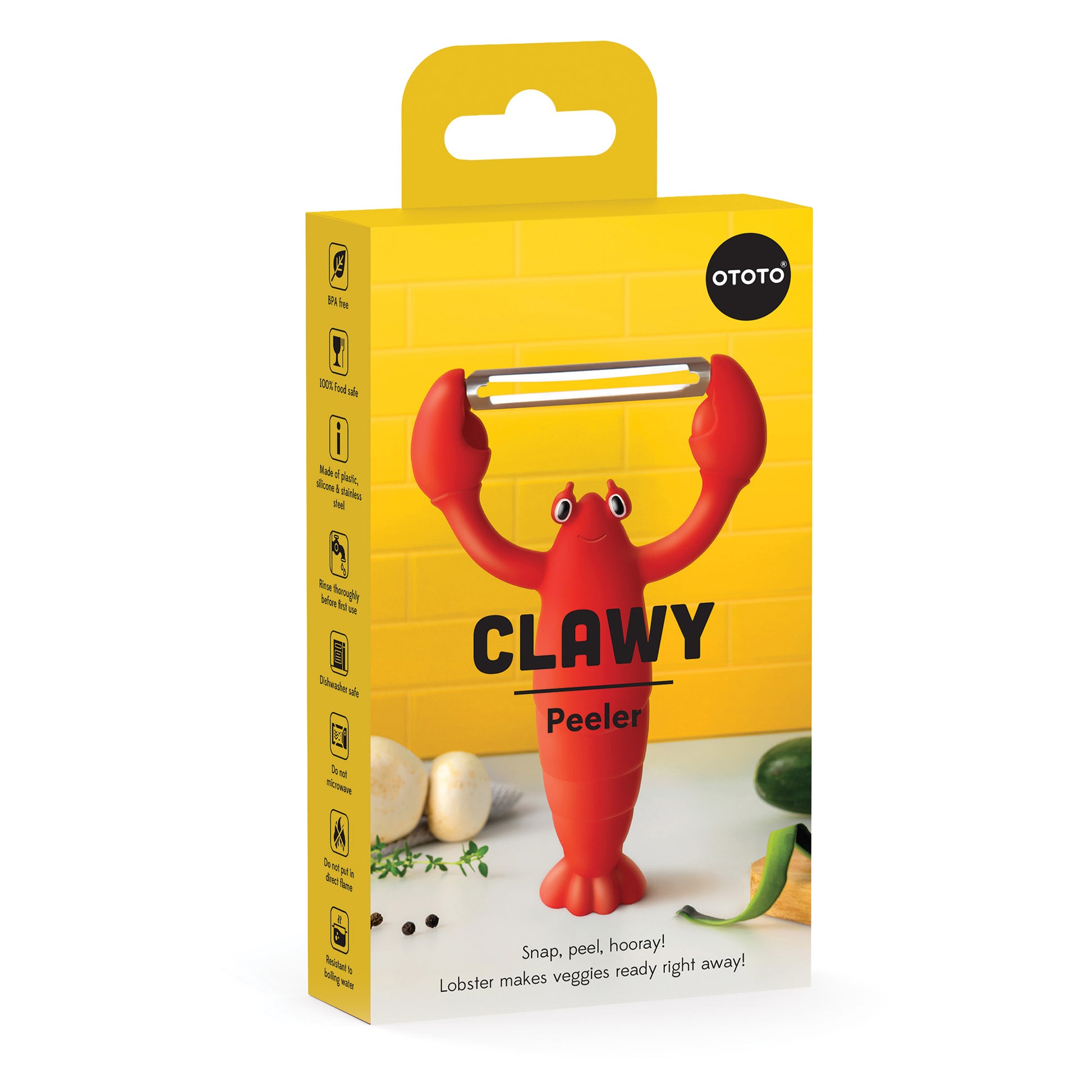 A red lobster-shaped stainless peeler is shown on yellow packaging labeled "Clawy.