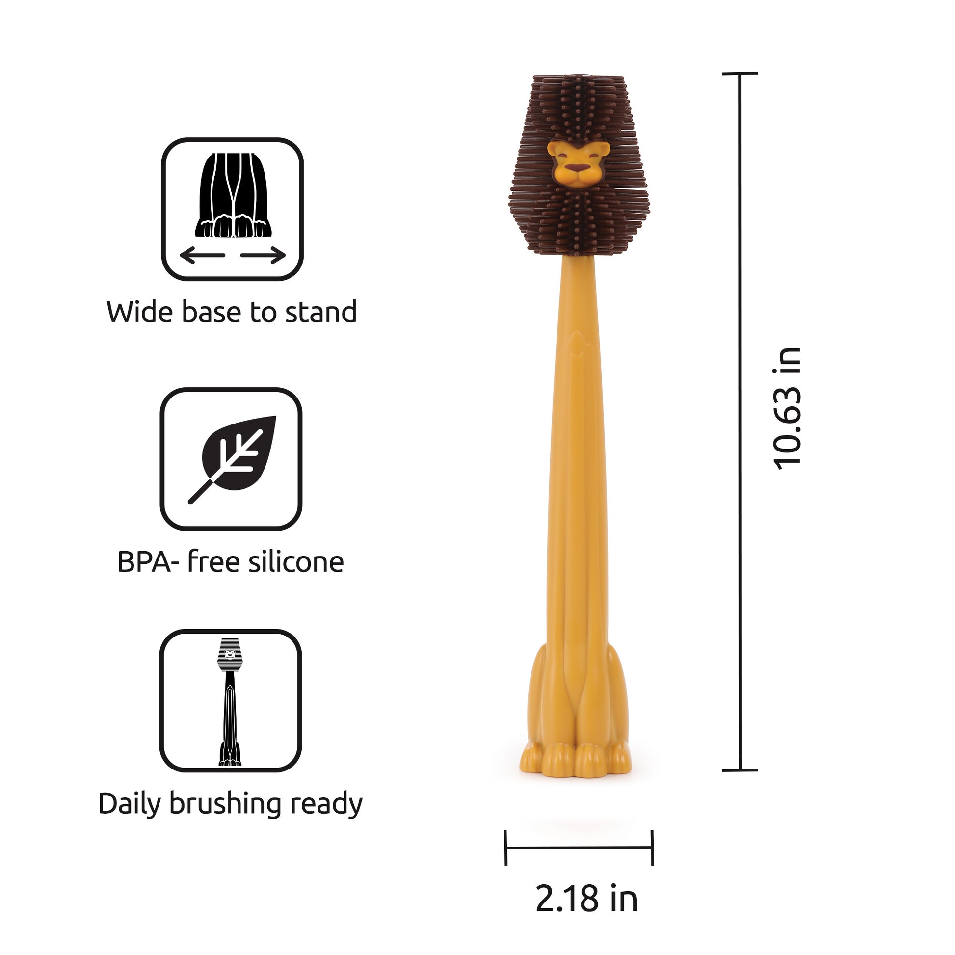 Cleo lion-shaped OTOTO silicone bottle brush, 10.63" tall—perfect as a lion silicone bottle cleaner.