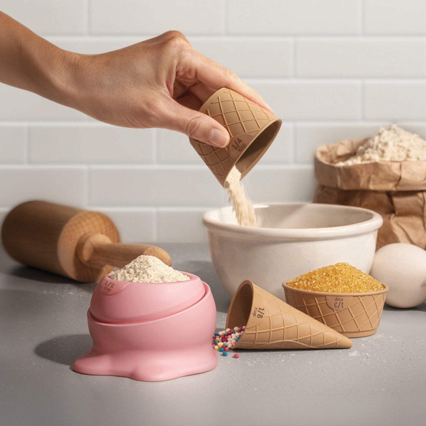 Flour is poured from a Coney measuring cup into a bowl, perfect for baking cookies.