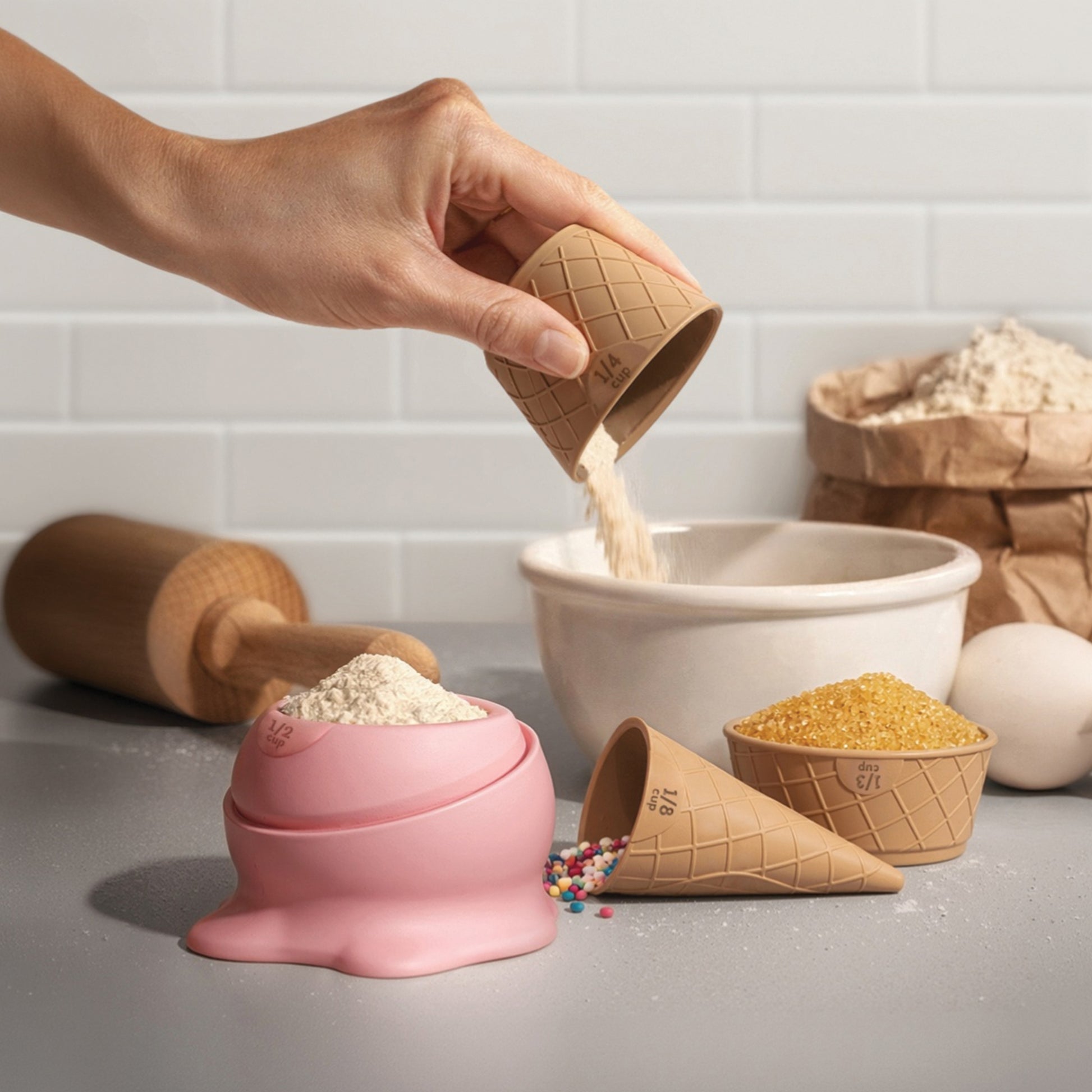 Flour is poured from a Coney measuring cup into a bowl, perfect for baking cookies.
