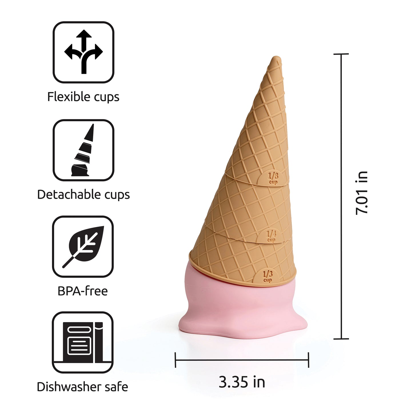 Coney: Cone-shaped, BPA-free, flexible cups—ideal for pancake batter or baking cookies.