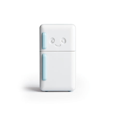 Cute OTOTO Cool Guy mini fridge toy, smiling face, white body, light blue handles.