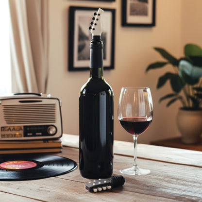 Cork N' Roll guitar wine stopper, wine glass, vinyl record, and retro radio on the table.