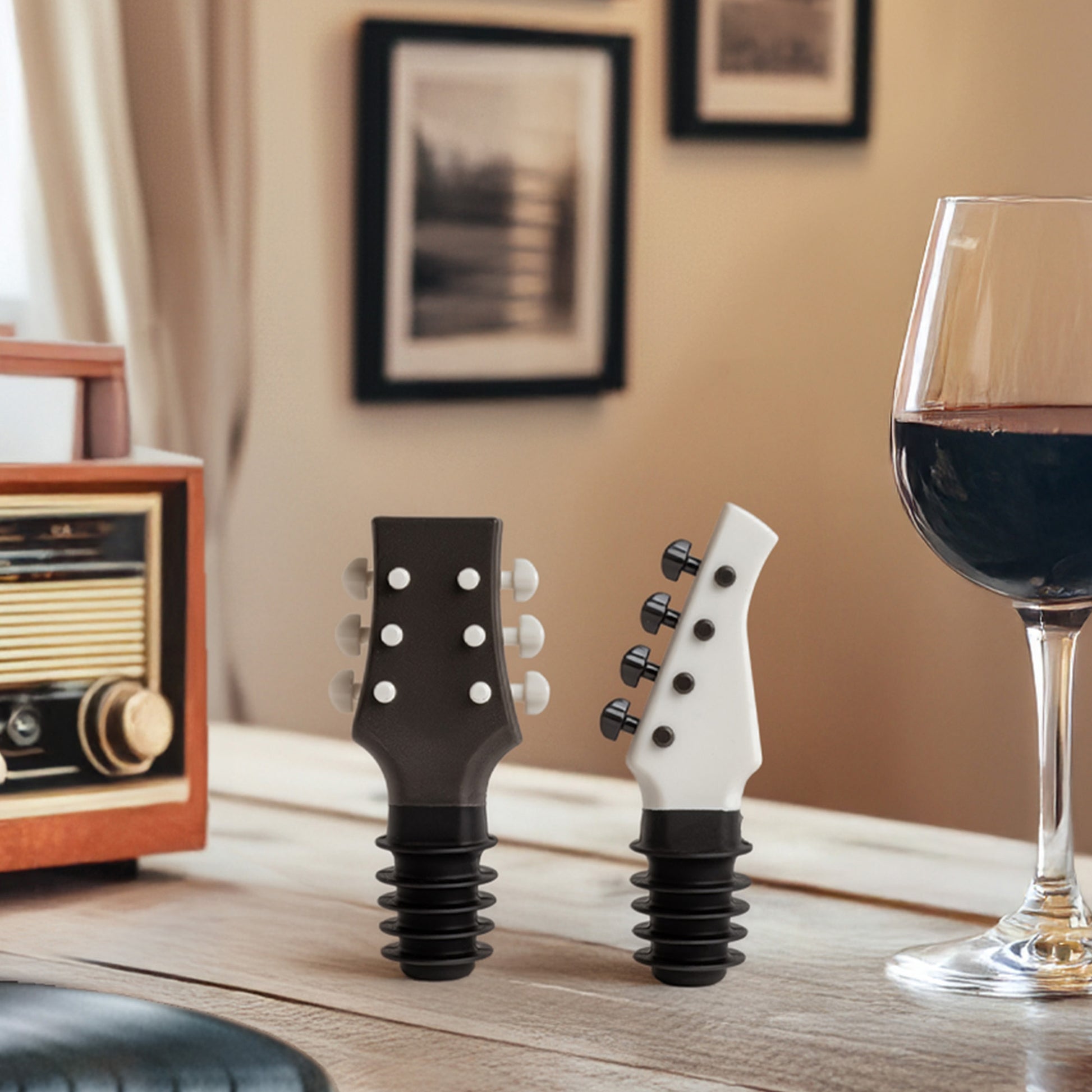 Cork N' Roll wine stoppers add musical flair to your bar cart or the collection of any music lover.