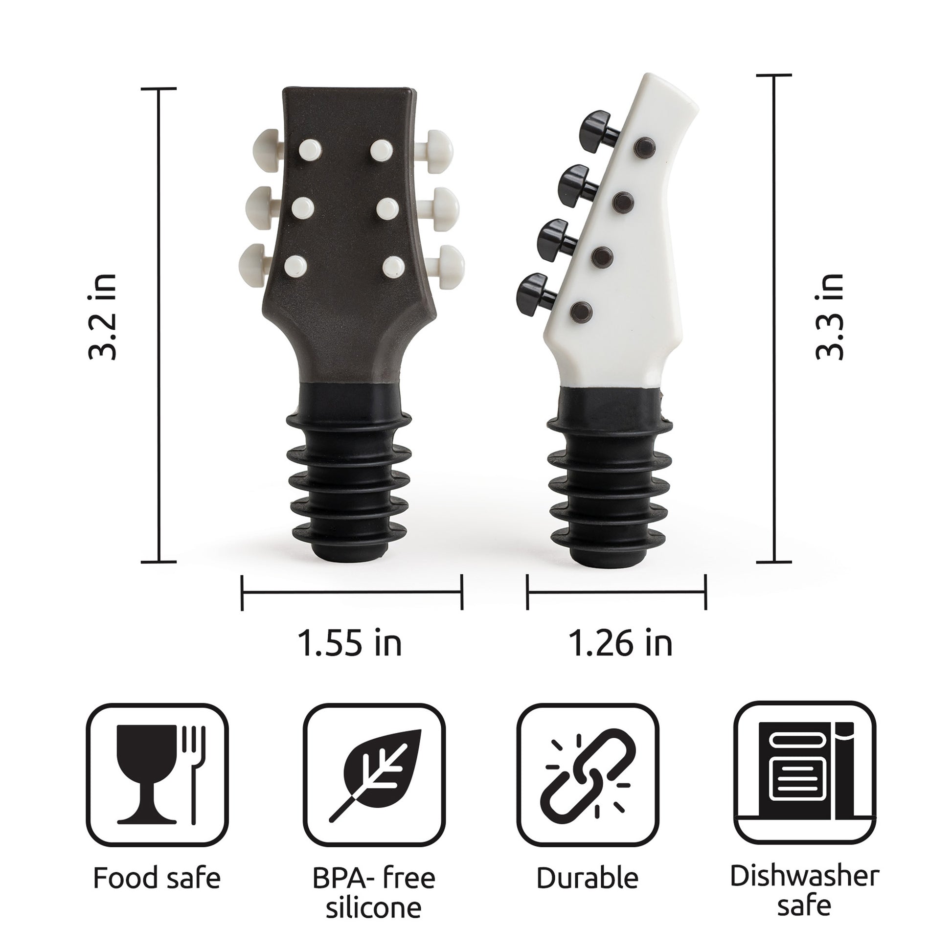 Cork N' Roll: Two guitar-shaped wine stoppers—food safe, BPA-free, durable, and dishwasher safe.