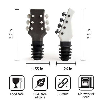 Cork N' Roll: Two guitar-shaped wine stoppers—food safe, BPA-free, durable, and dishwasher safe.