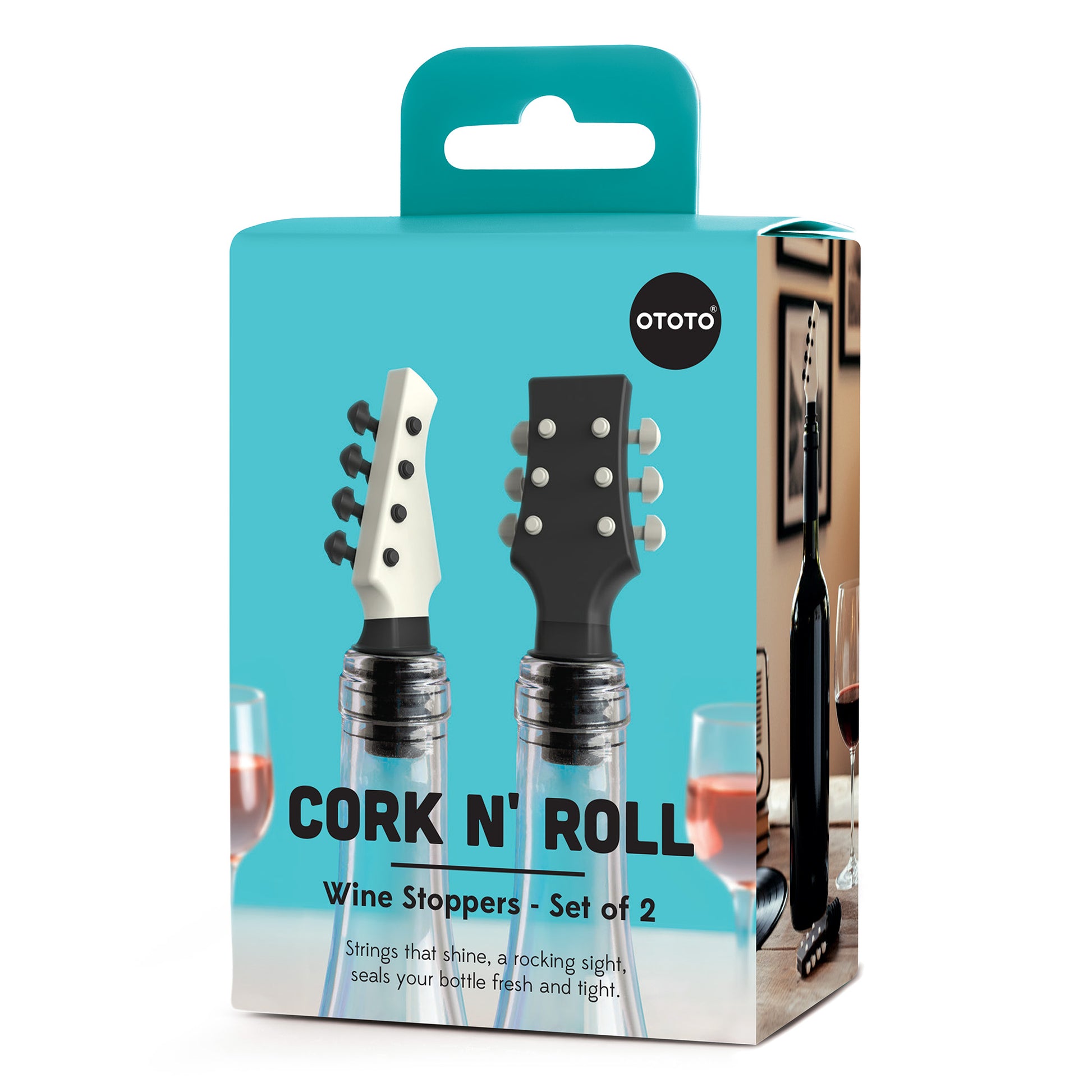 Cork N' Roll wine stoppers shaped like guitar heads—music-inspired accents for your bar cart.