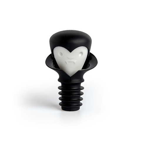 Meet Count Corkula, the black and white vampire bottle stopper with a cartoon face and fangs.