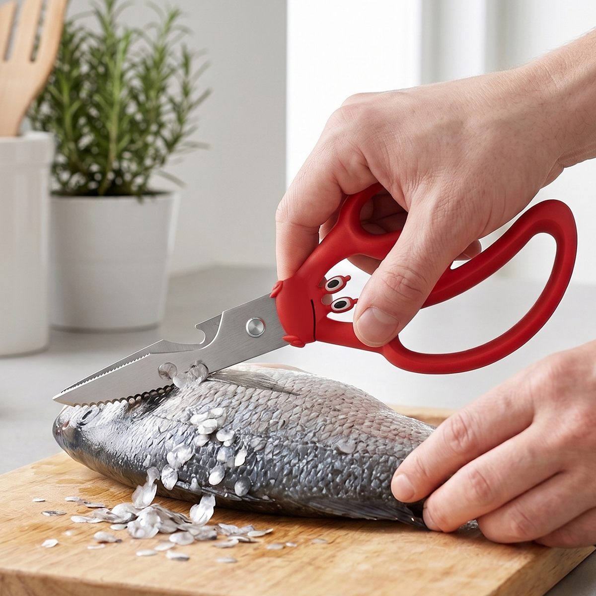 A person uses red Crabby Scissors to scale a whole fish on a wooden cutting board.