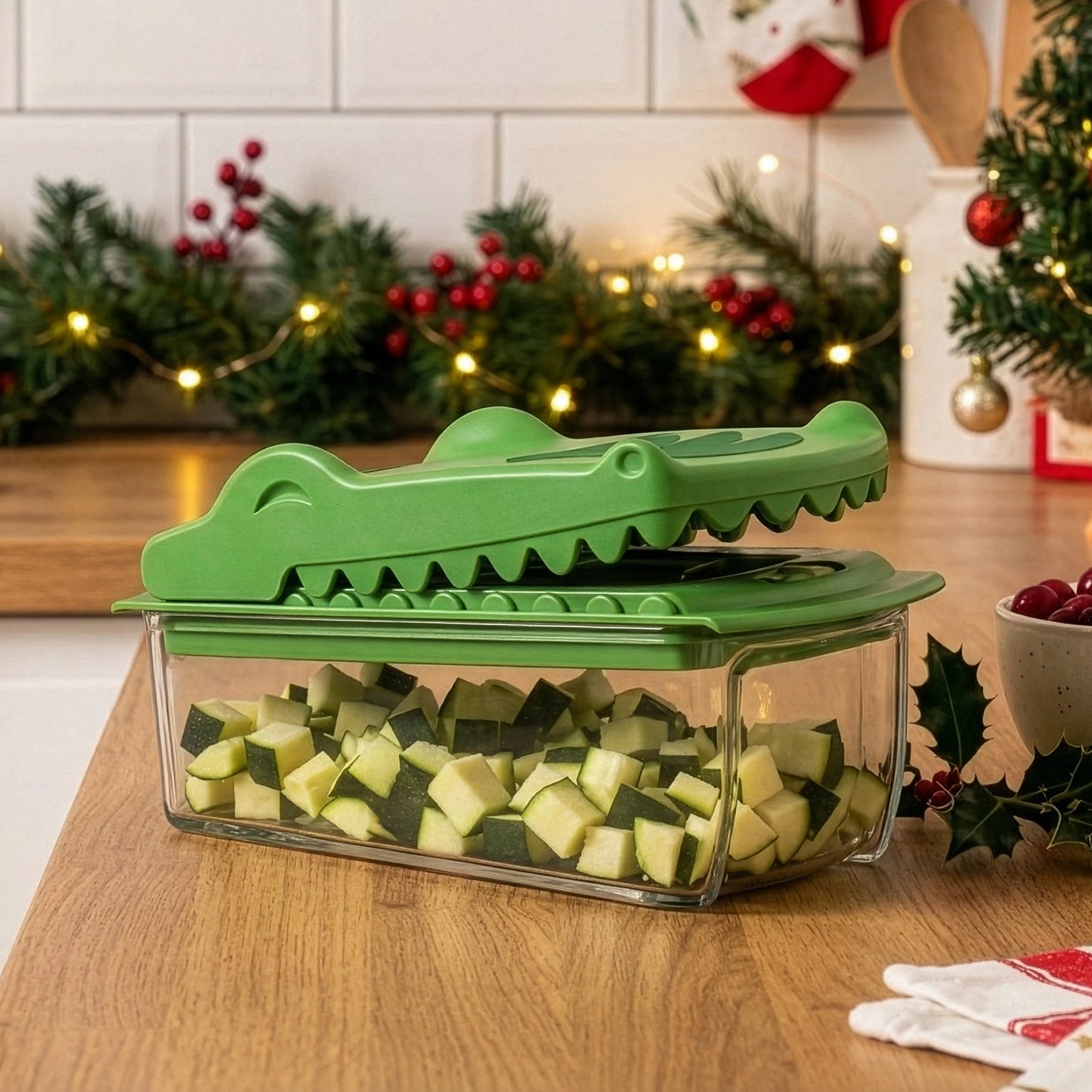 A glass container of chopped zucchini topped with the Croc Chop, a playful veggie chopper lid.