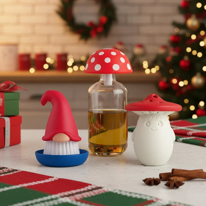 Forest Trio: whimsical kitchen containers—gnome, mushroom, bottle—and a handy dish brush.