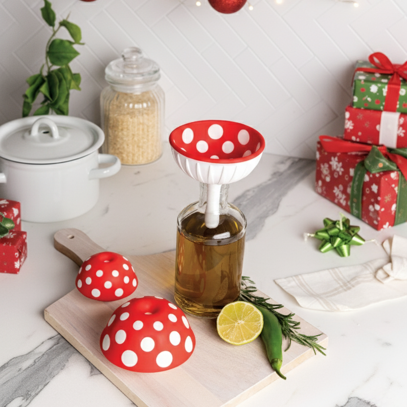 The Fungilicious funnel from OTOTO sits on an oil bottle among gifts and kitchen items.