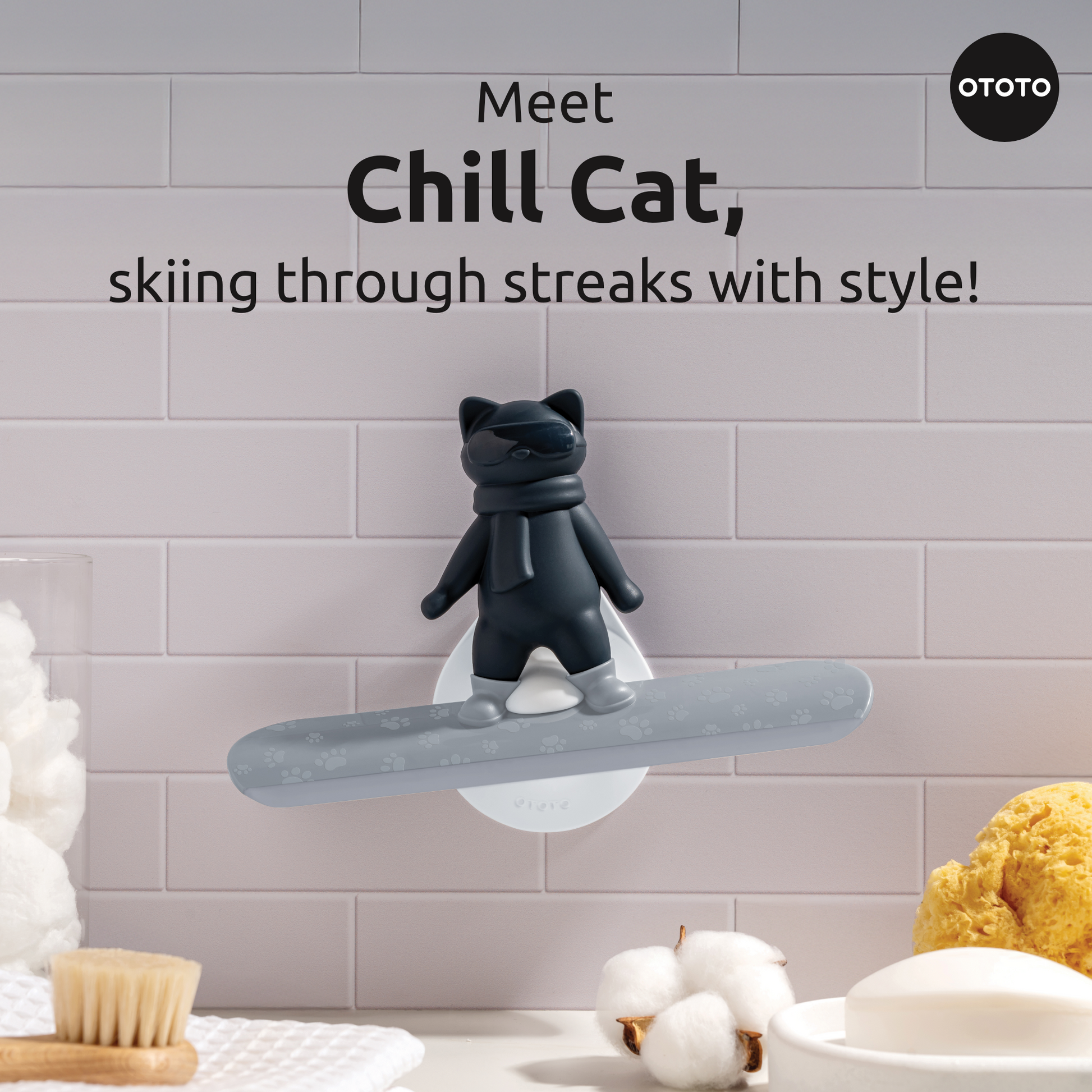 Chill Cat keeps bathroom surfaces streak-free and fun while riding a gray board.