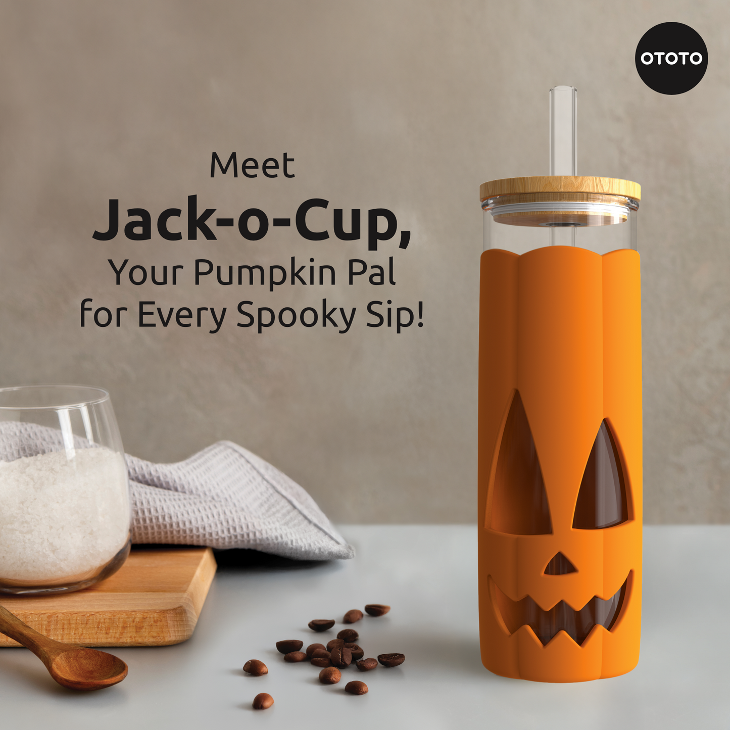 The Jack-o-Cup, shaped like a pumpkin with a jack-o’-lantern face, waits by sugar and coffee beans.