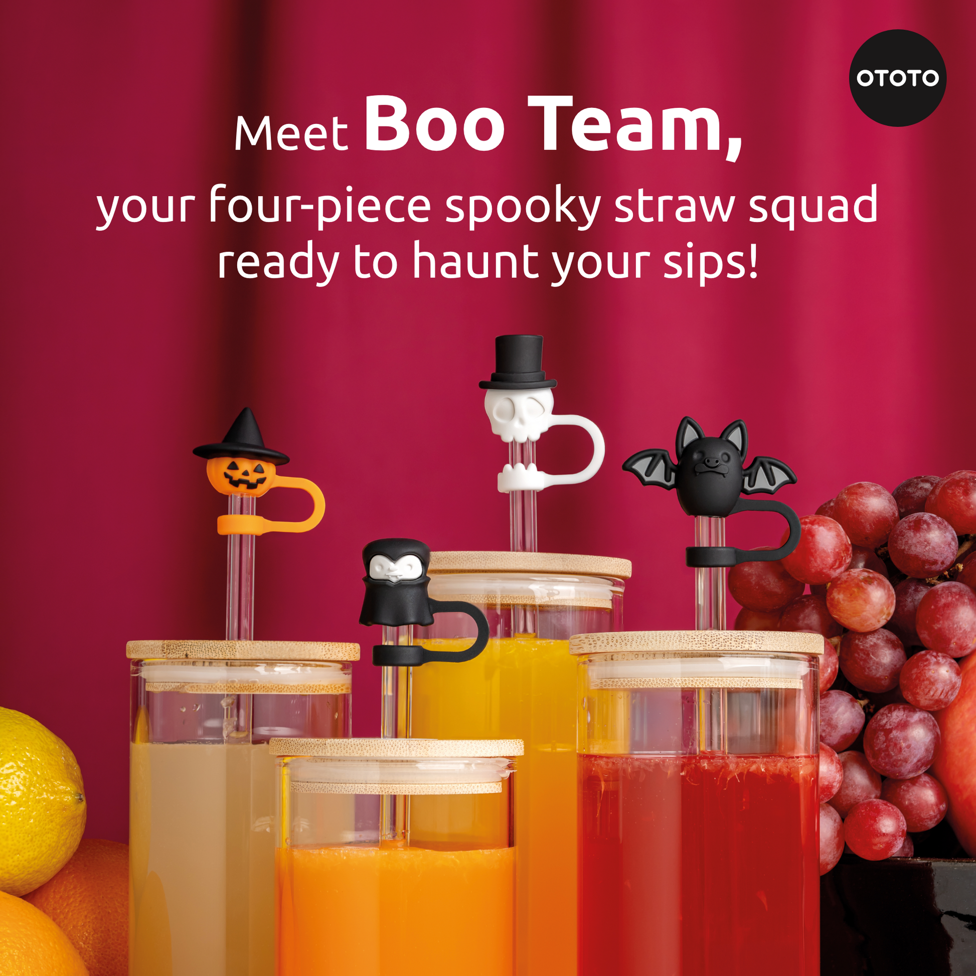Four drinks with Boo Team OTOTO Halloween straw toppers: pumpkin, ghost, bat, and vampire.