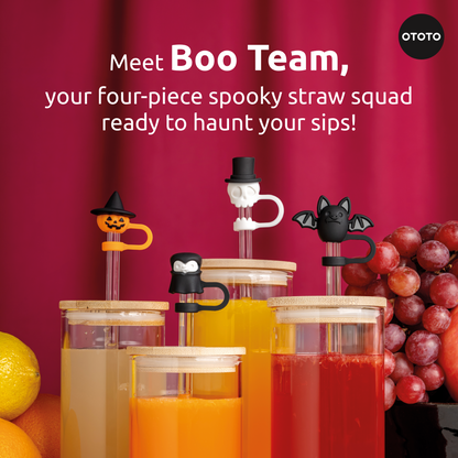 Four drinks with Boo Team OTOTO Halloween straw toppers: pumpkin, ghost, bat, and vampire.