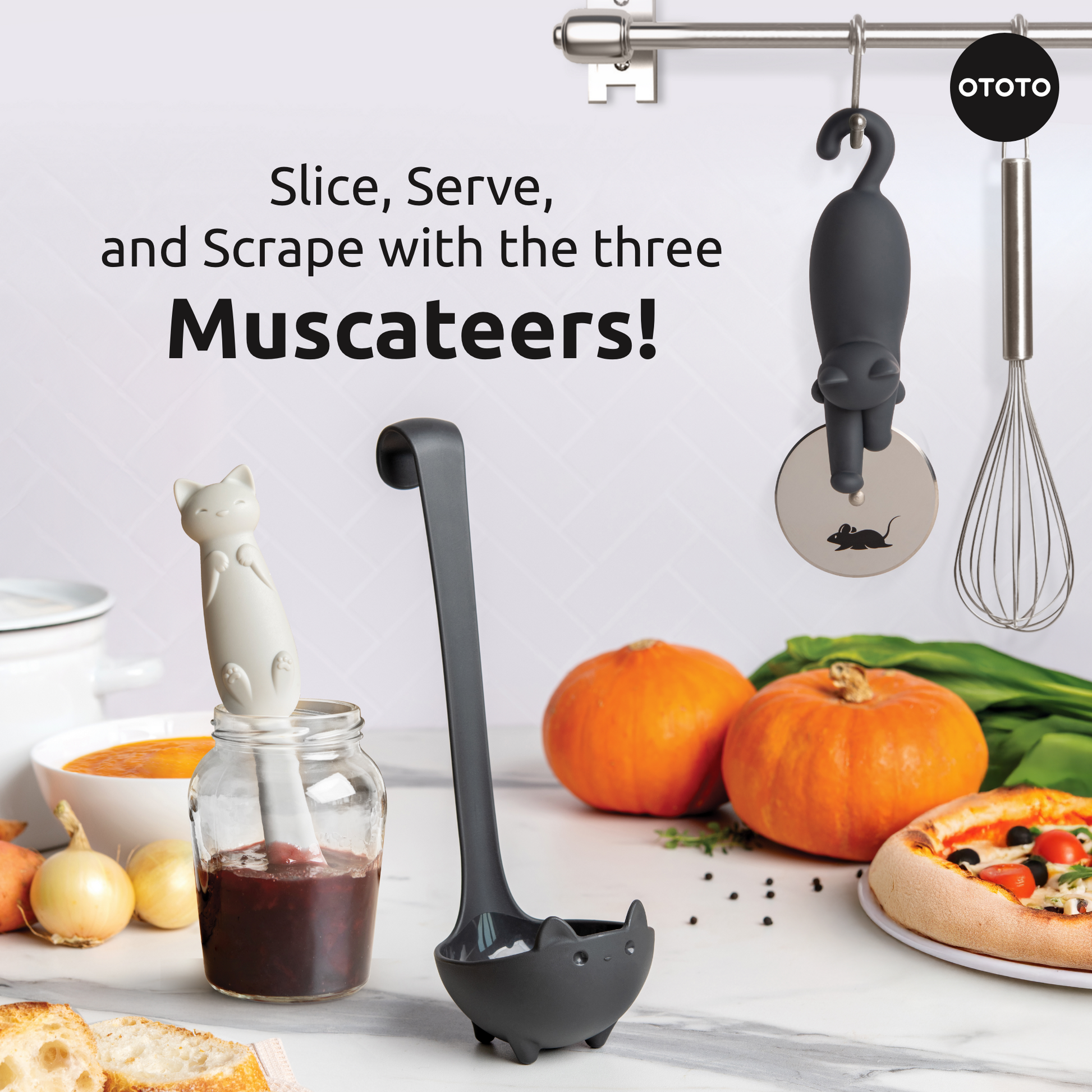 Three Muscateers cat utensils—a spatula, ladle, and pizza cutter—brighten any kitchen.