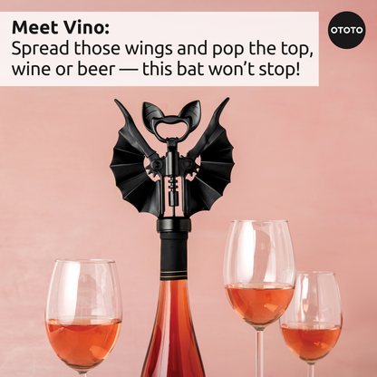Boo-tiful Crew, the OTOTO bat-winged corkscrew, opens rosé with flair—vampire style in your kitchen.