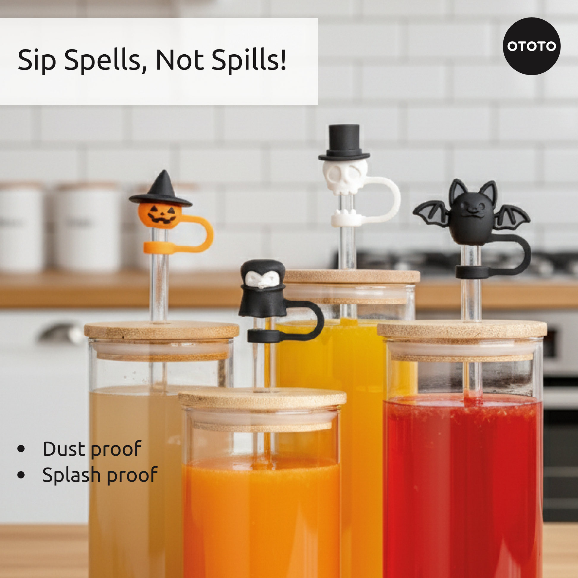 Four Boo Team glass jars with spooky straw toppers and wooden lids sit on a kitchen counter.
