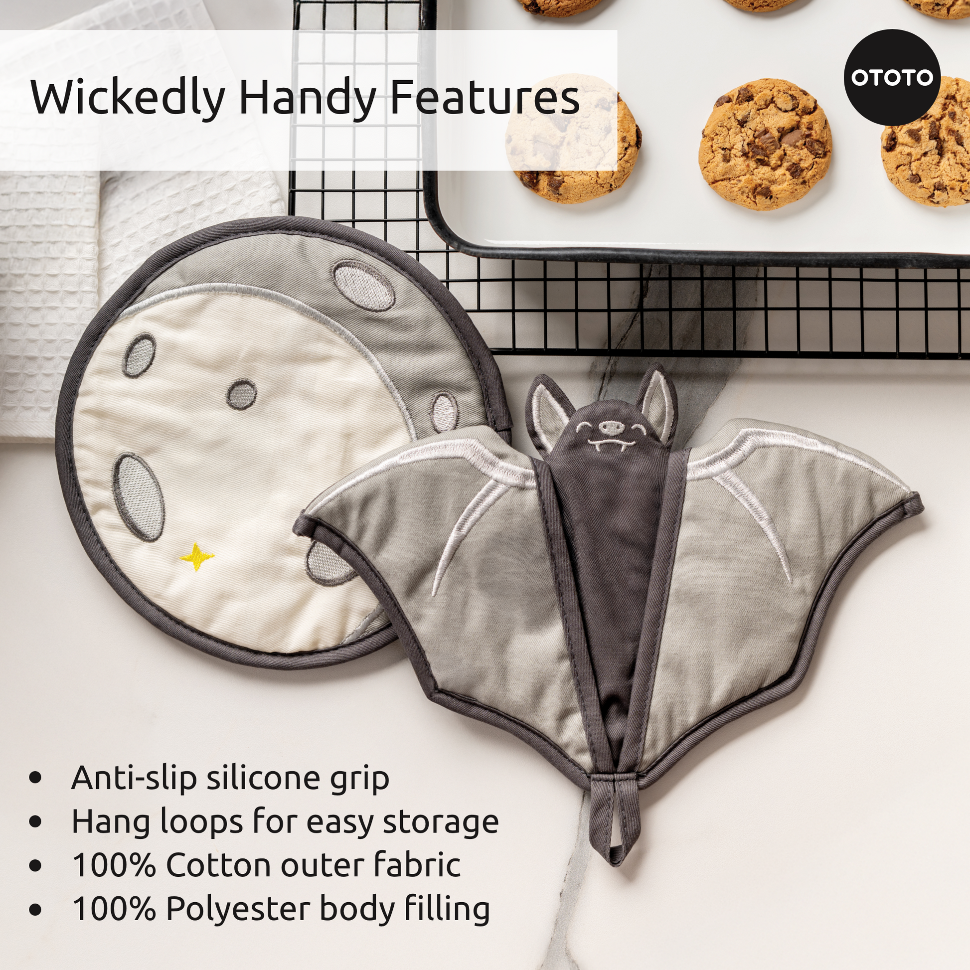 Batlicious pot holders add gothic flair to your kitchen while you bake a fresh batch of cookies.