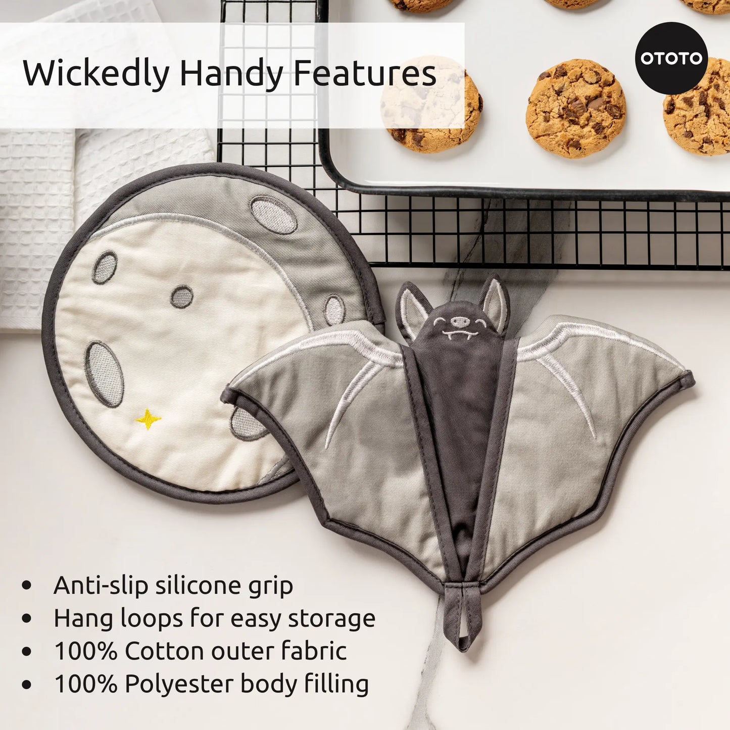 Batlicious pot holders bring gothic charm to your counter, perfect for displaying fresh cookies.