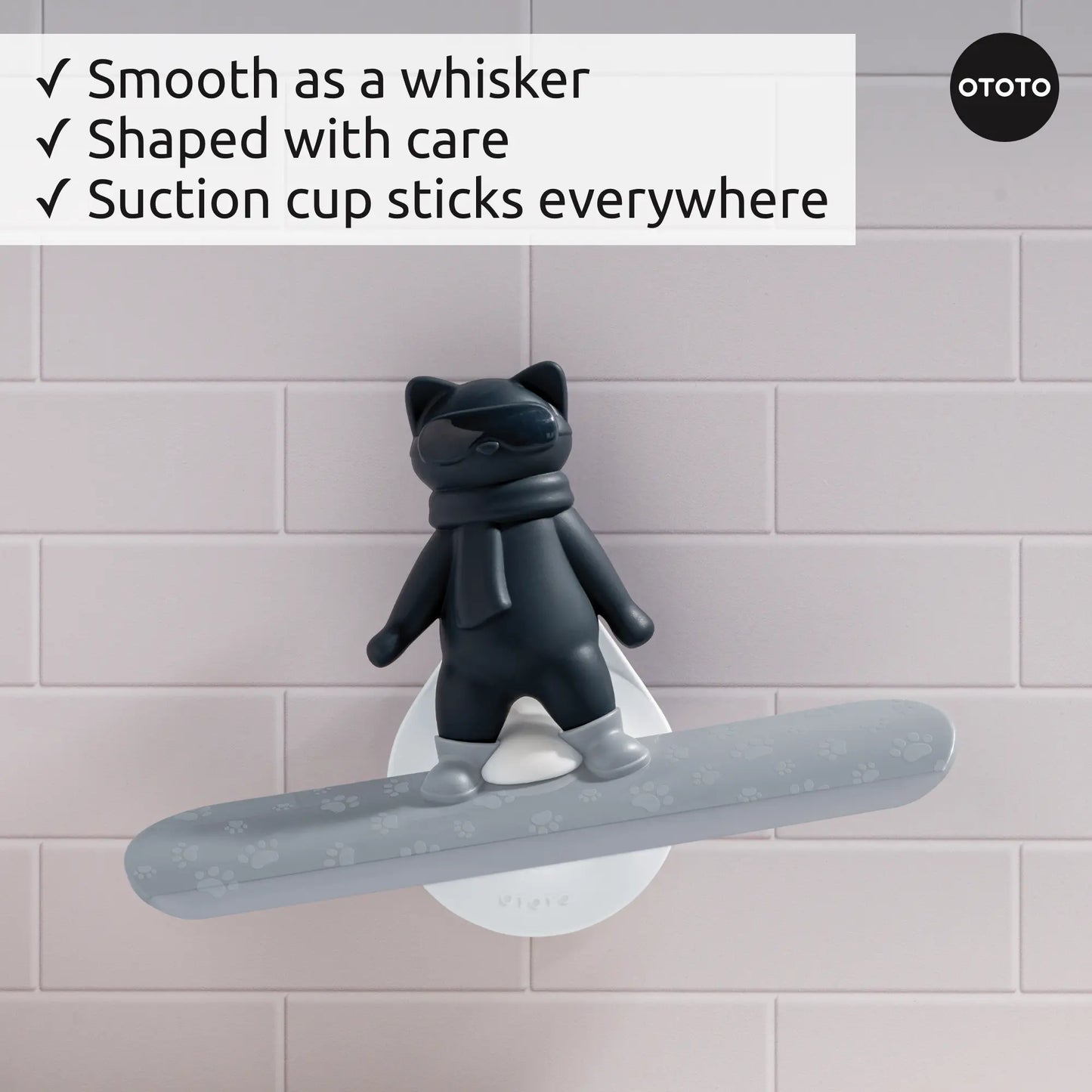 The Chill Cat soap holder by OTOTO sticks to tiles, keeping your surfaces streak-free and stylish.