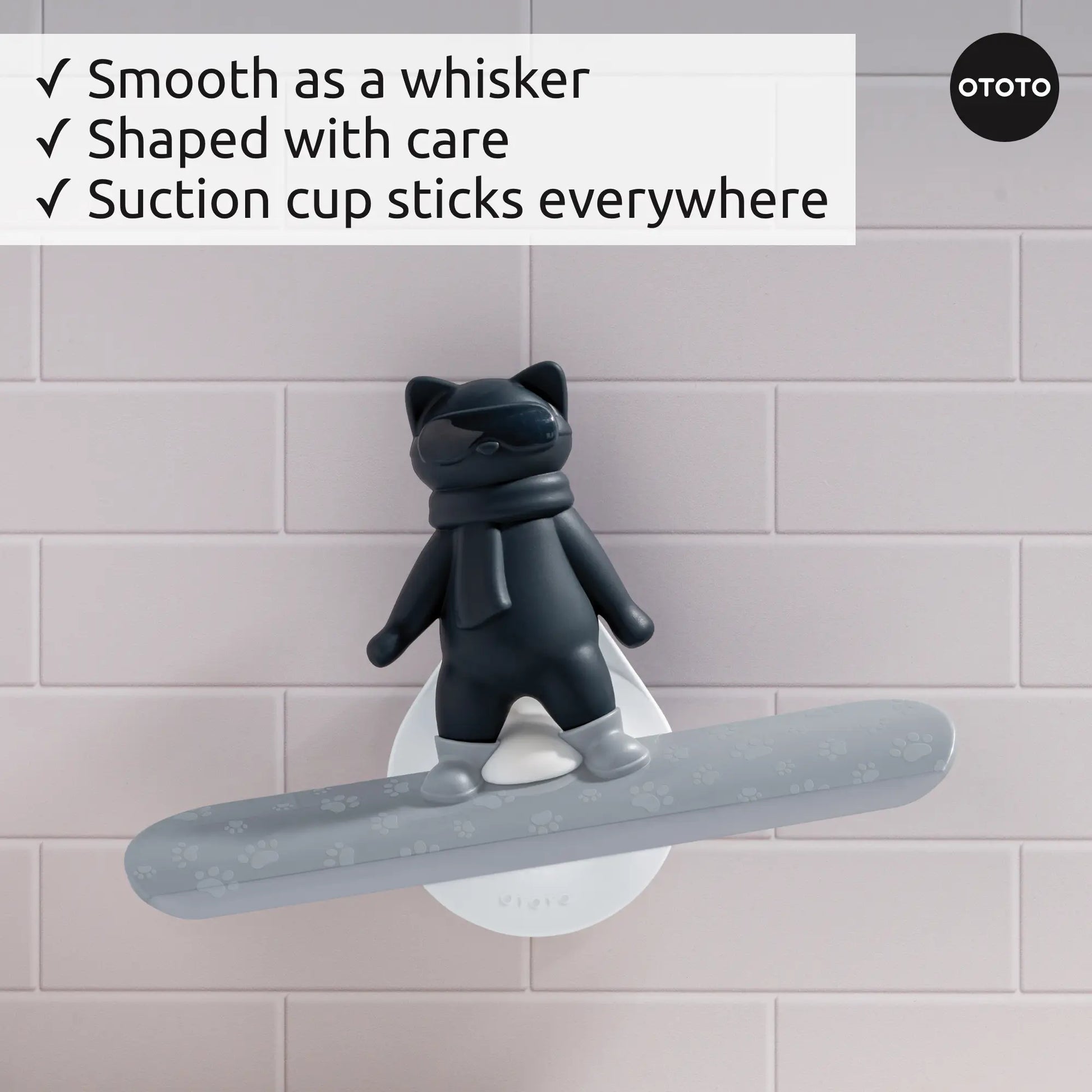 The Chill Cat soap holder by OTOTO sticks to tiles, keeping your surfaces streak-free and stylish.