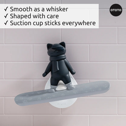 The Chill Cat soap holder by OTOTO sticks to tiles, keeping your surfaces streak-free and stylish.