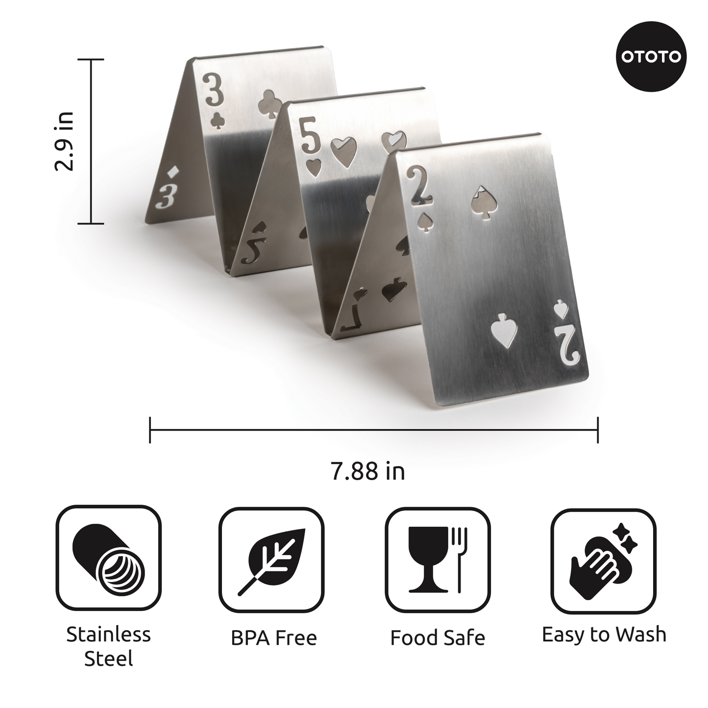 Pick-a-Taco: Stainless steel taco holders shaped like playing cards—great for game night!.