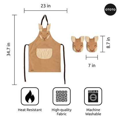 Aproo brown kangaroo-themed kitchen apron & oven mitts set with size info and feature icons.
