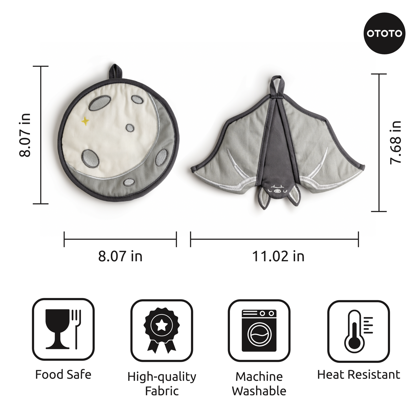 Batlicious pot holders add gothic charm with their round, manta ray shape and handy icons and measurements.