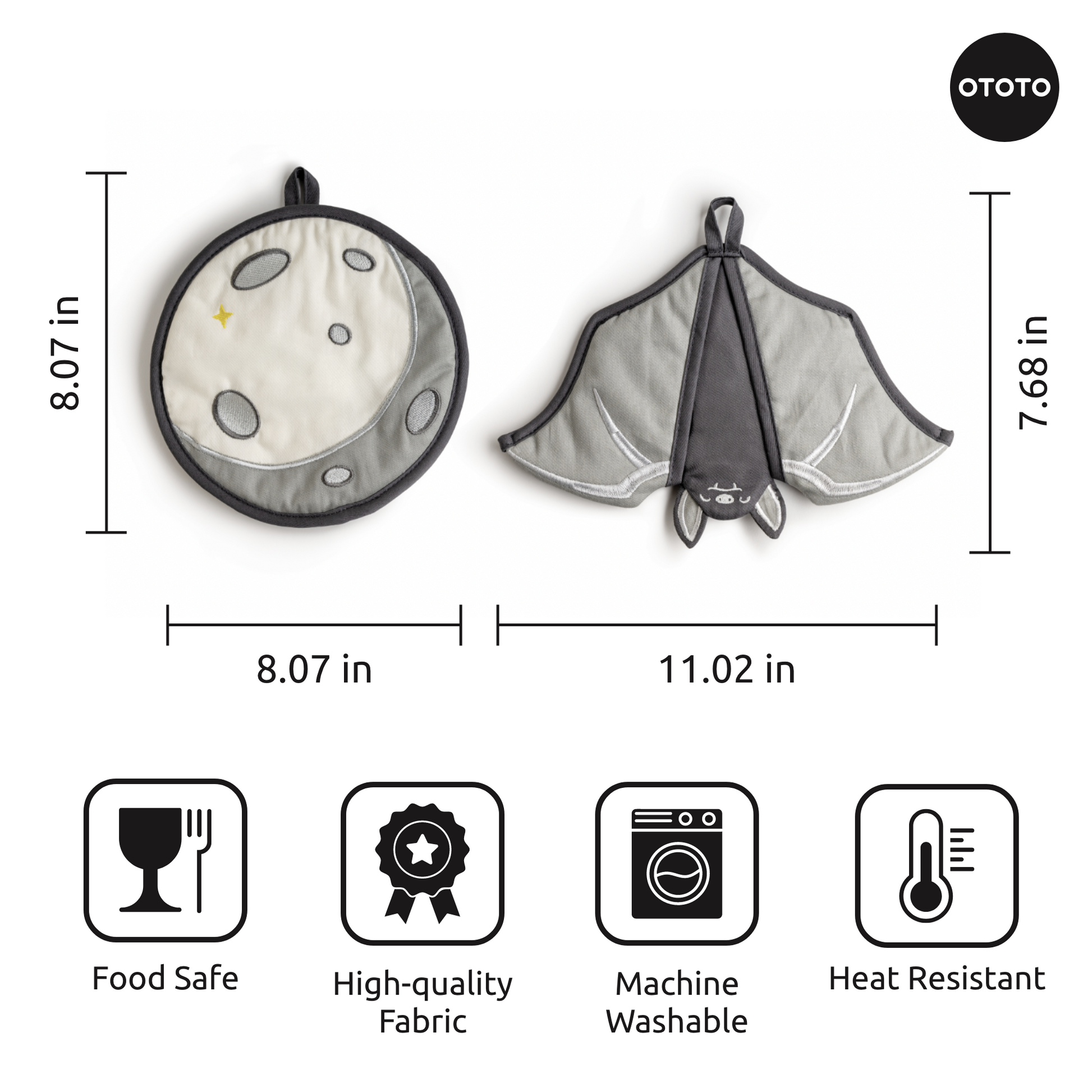 Batlicious pot holders add gothic charm with their round, manta ray shape and handy icons and measurements.