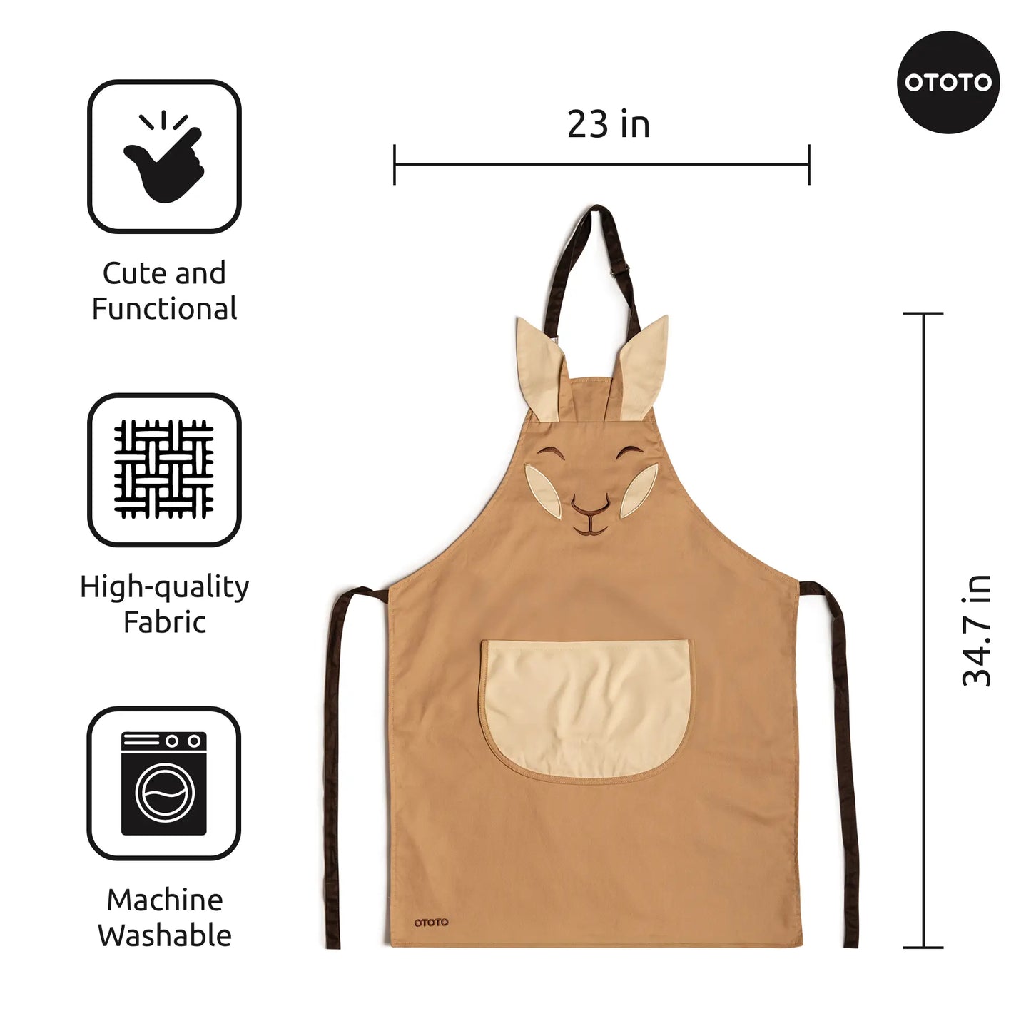 Aproo brown kitchen apron with bunny face, ears & pocket; 23x34.7 inches, features shown.