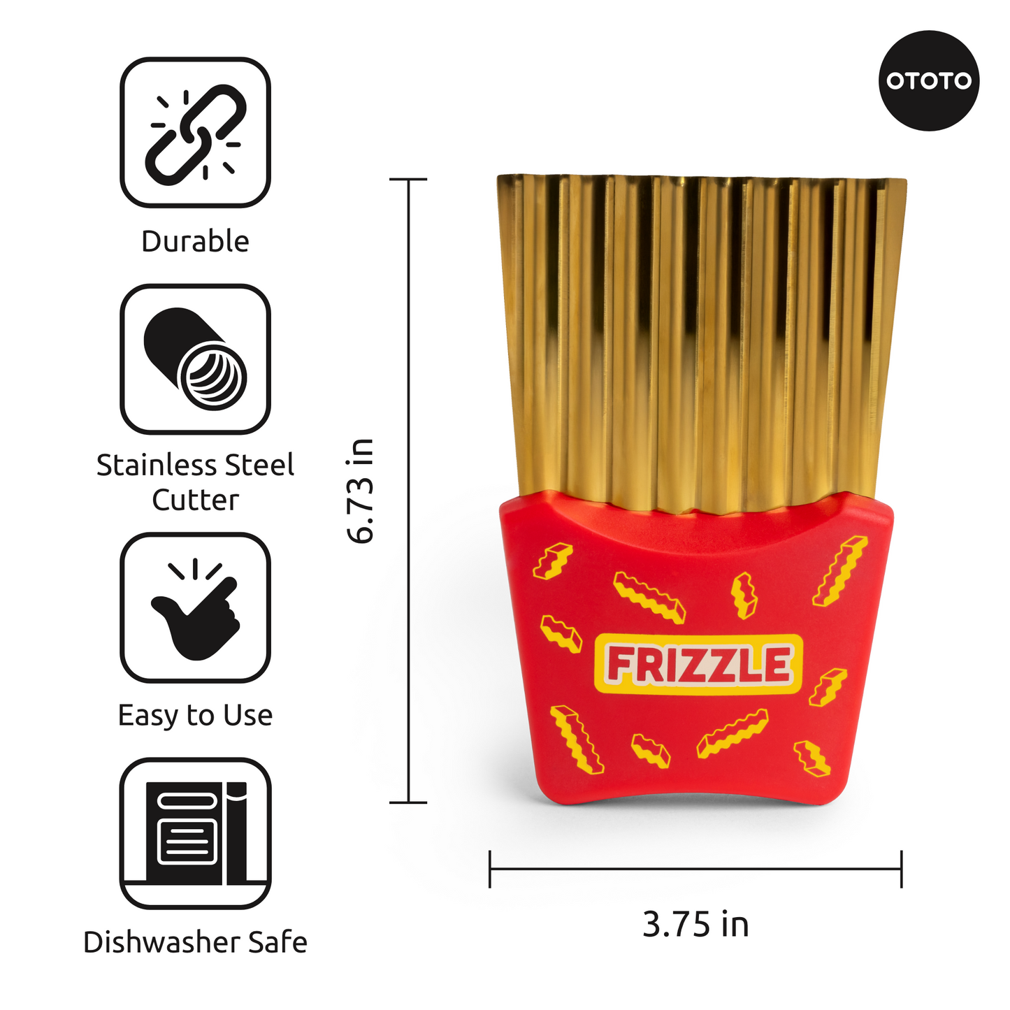 Frizzle cutter: durable stainless steel, easy to use for pasta or waffle fries—red and gold.
