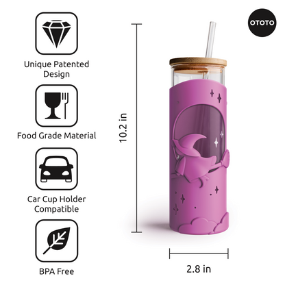 A pink Wicked Brew moon-themed glass tumbler with straw, 10.2" tall, plus four feature icons.