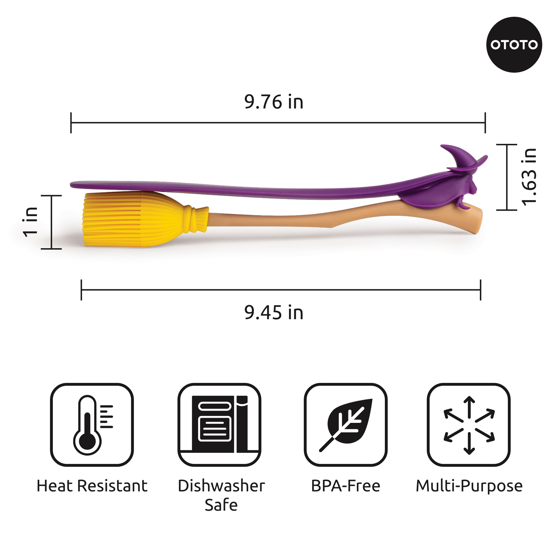 A whimsical Witchin broom-shaped basting brush with size, brand, and heat-resistant icons below.