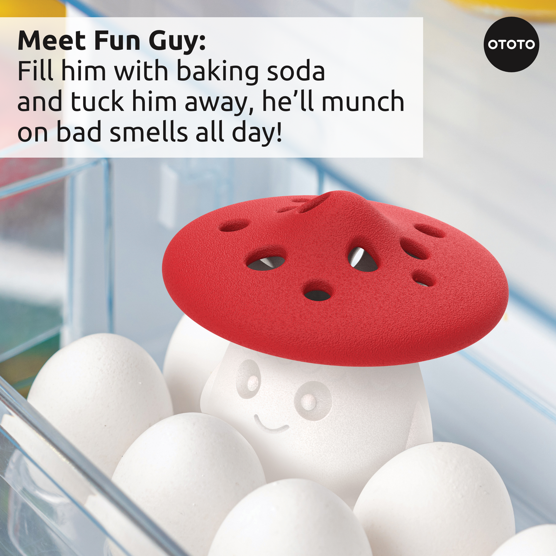 The Forest Trio fridge deodorizer, with a red cap and smile, sits among eggs like a cute mushroom.