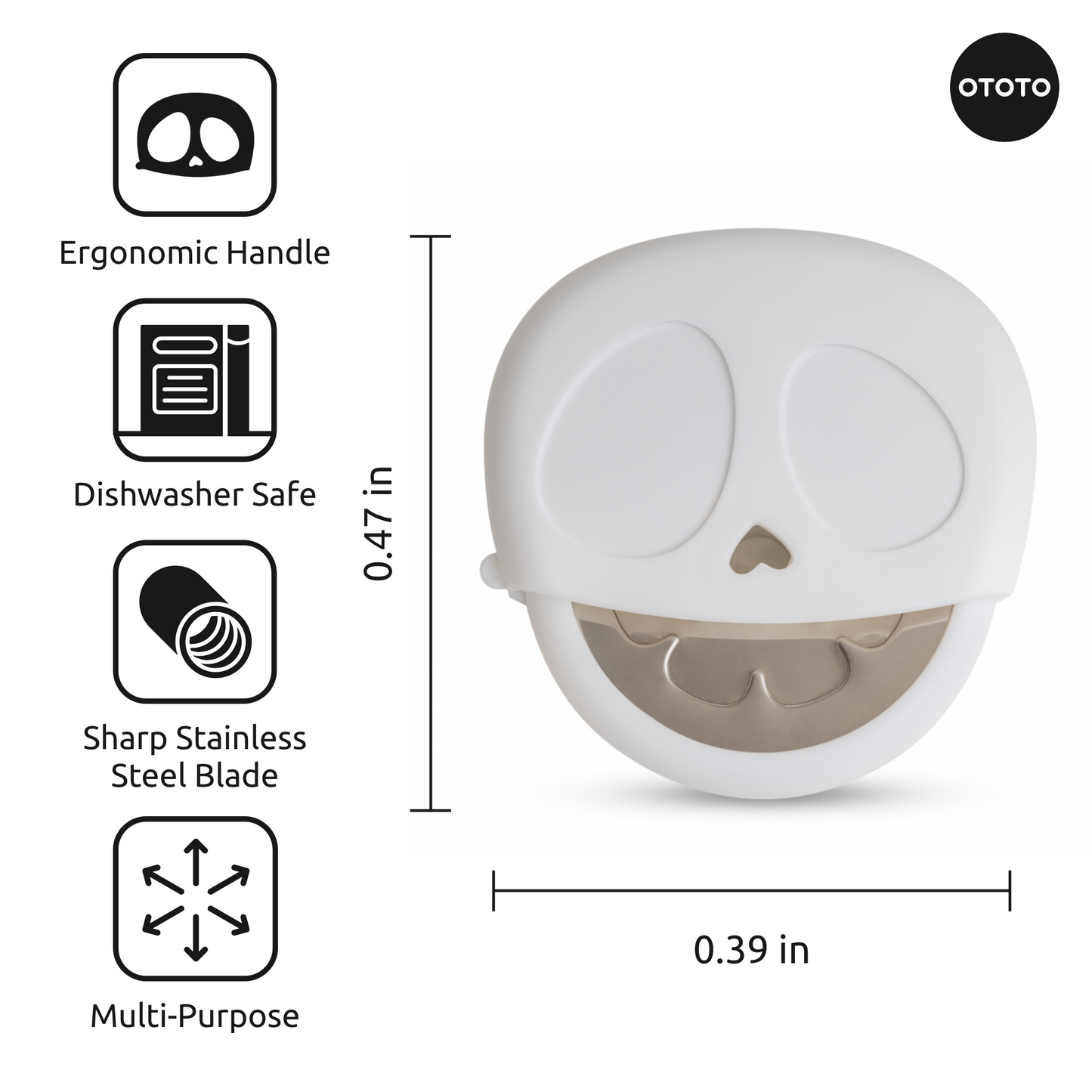 Slice Reaper: White skull-shaped pizza cutter by OTOTO with stainless blade and ergonomic handle.
