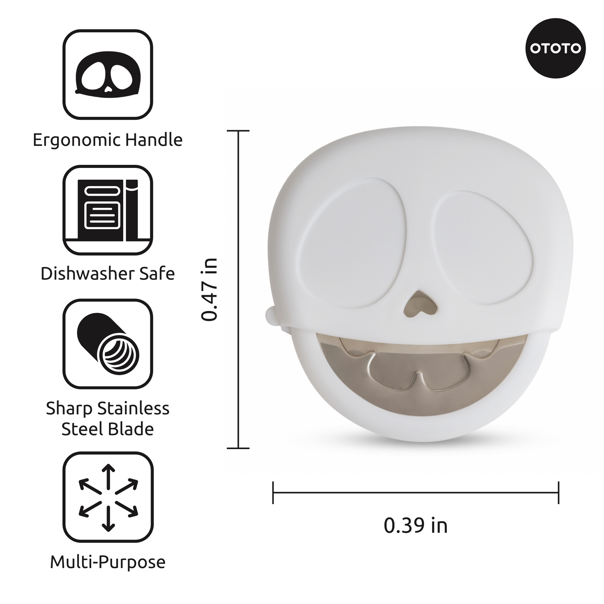 Slice Reaper: White skull-shaped pizza cutter by OTOTO with stainless blade and ergonomic handle.