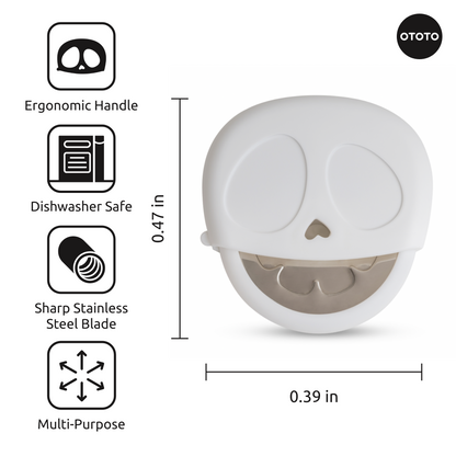 Slice Reaper: White skull-shaped pizza cutter by OTOTO with stainless blade and ergonomic handle.