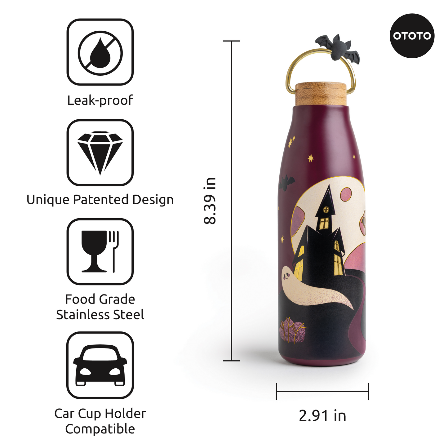 Boo!tle Halloween purple insulated bottle, 8.39" tall; features and benefits on left side.