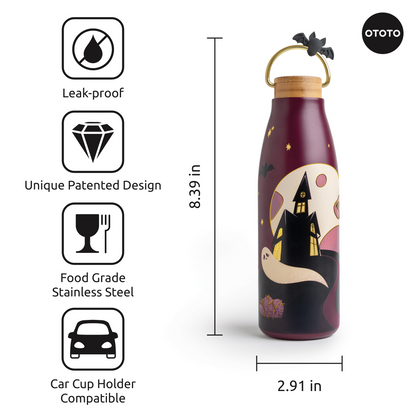 Boo!tle Halloween purple insulated bottle, 8.39" tall; features and benefits on left side.