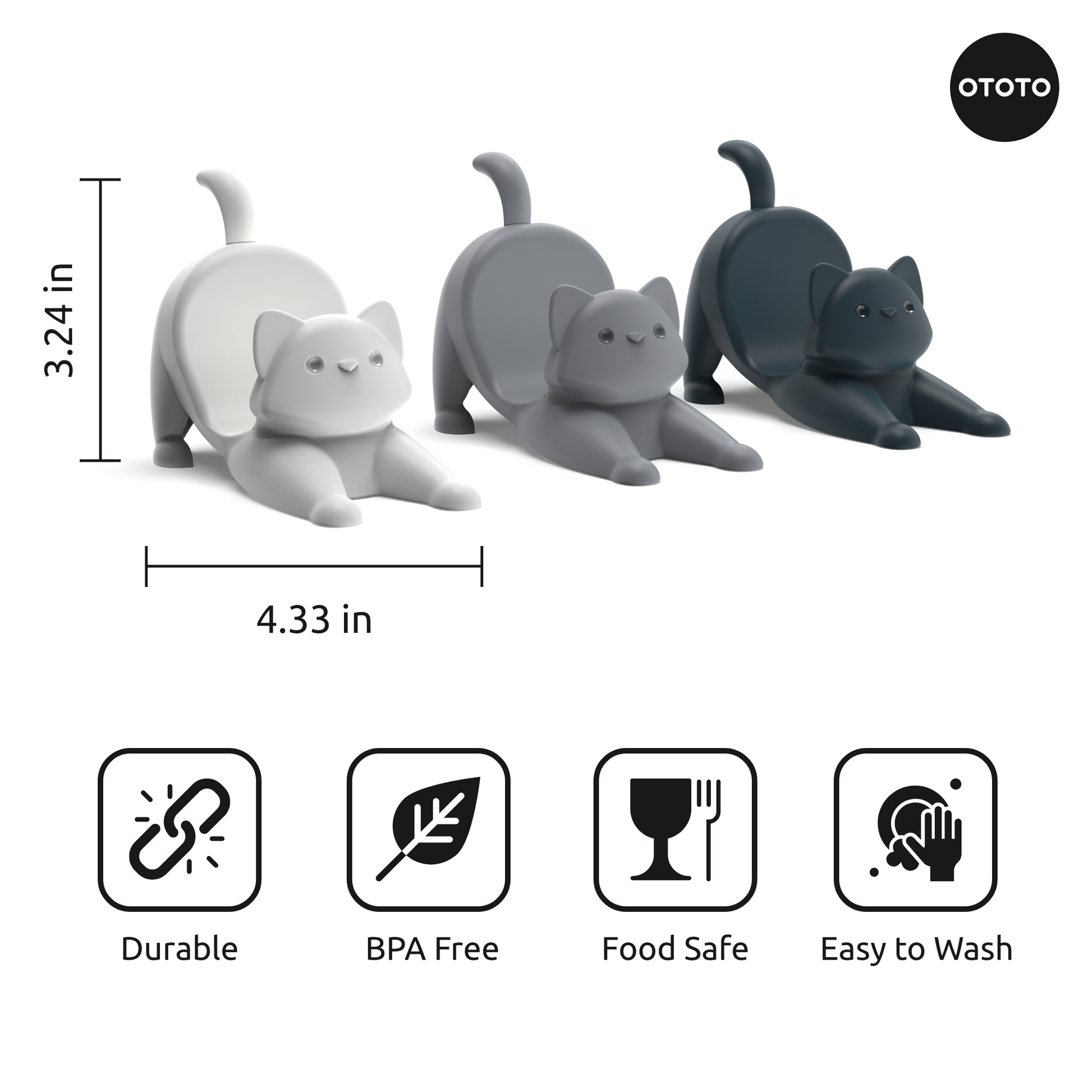 Catos: Set of 3 OTOTO cat-shaped taco holders in white, gray, and black with icons and dimensions.
