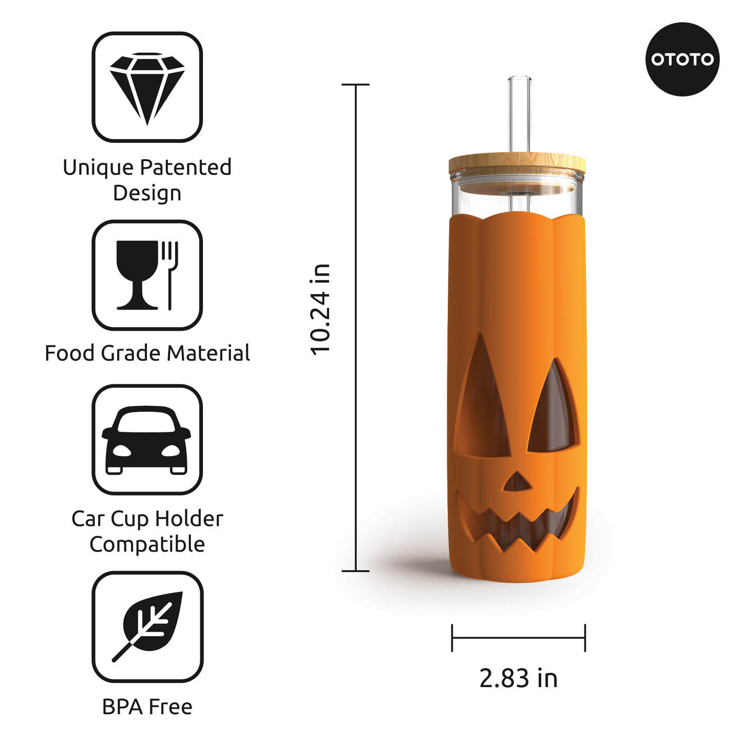 Jack-o-Cup: Tall orange pumpkin cup with jack-o-lantern face, clear straw, wood lid, OTOTO icons.