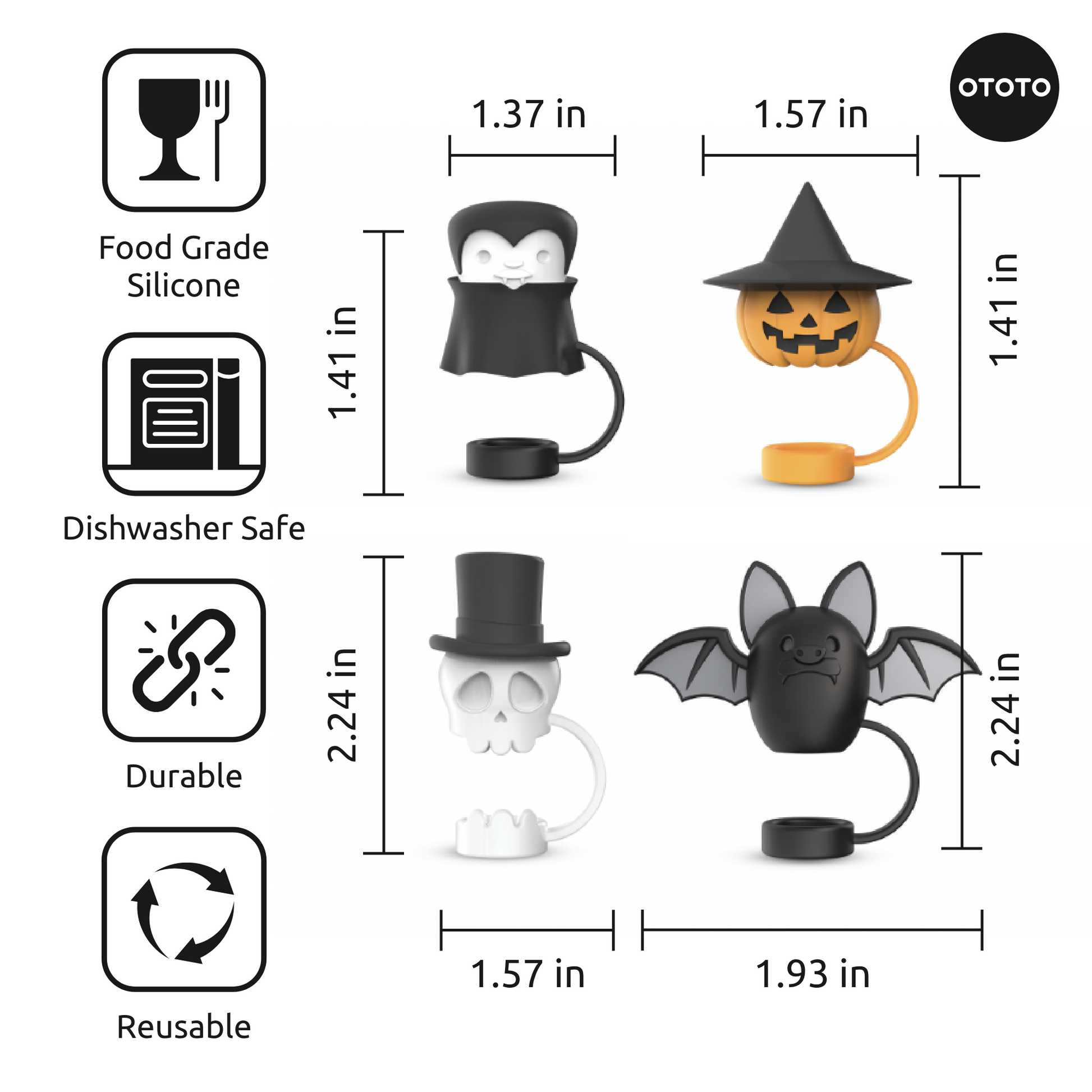 Four Boo Team Halloween wine stoppers with size and feature icons on a white background.