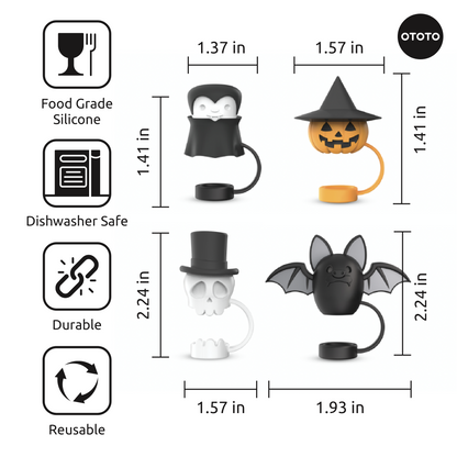 Four Boo Team Halloween wine stoppers with size and feature icons on a white background.