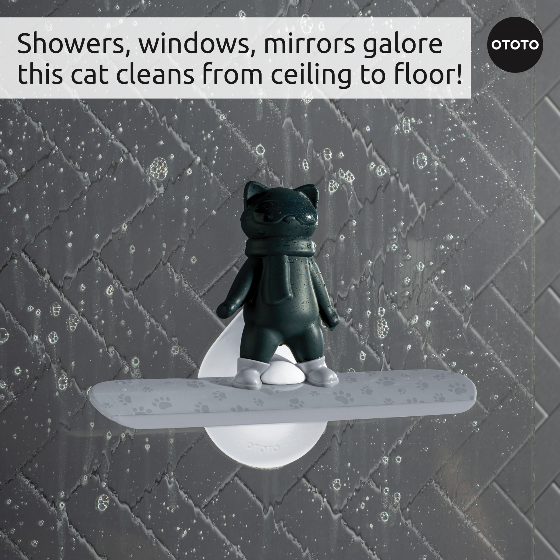 Chill Cat Ski Squeegee sticks to wet walls for streak-free surfaces from ceiling to floor!.