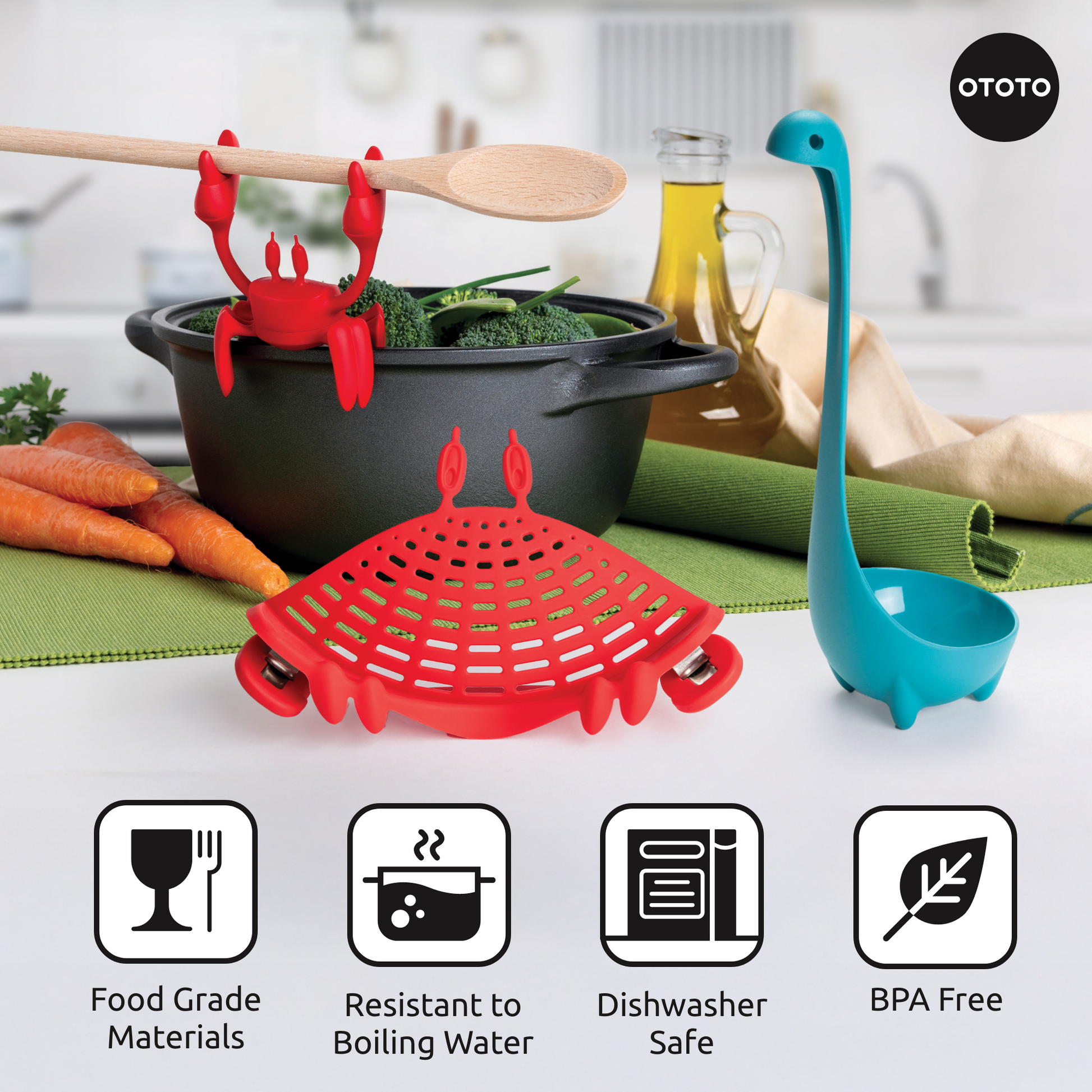 Prep Pals: red crab strainer and blue ladle—fun, colorful tools for veggies and cooking.